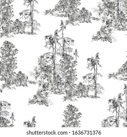 Seamless Pattern Pastoral Groups of Trees, Vintage Black and White Etching, Textile Design, Monochrome Black on White Background, Floral Print, Forest Drawing