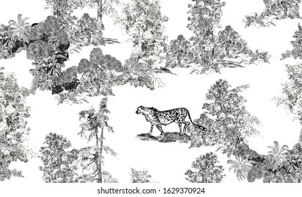 Seamless Pattern Pastoral Romantic Landscape, Toile Lithography Illustration, WildLife Leopard Animal in Trees, Black and White Drawing, Frech Romanticism Engraving Wallpaper Design