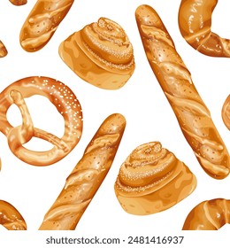 Seamless pattern with pastries: baguette, croissant, cinnamon roll, pretzel. Stock vector illustration.