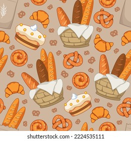 Seamless pattern with pastries in a basket, buns, bread, cake, cake on a beige background. Vector illustration in a minimalistic flat style, hand drawn. Print for bakery textiles, design, postcards.