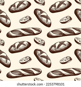 Seamless pattern with pastries, buns, cakes, and bread. Baking doodle background. Hand-drawn in a graphic style. Vector illustration in sketch style.