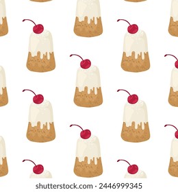 Nahtlose Muster mit Gebäck und Desserts. Cupcake mit Glasur und mit einer Kirsche verziert. Süßes Kochen für die Osterfeier. Vektorillustration isoliert auf durchsichtigem Hintergrund.