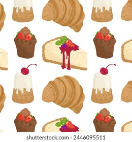 Seamless pattern with pastries and desserts. Sweet cooking for cafes and restaurants. Vector illustration isolated on transparent background.