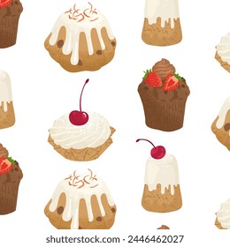 Seamless pattern with pastries and desserts. Sweet cooking for cafes and restaurants. Vector illustration isolated on transparent background.