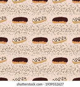 Seamless pattern with pastries. Eclairs in glaze and with chocolate