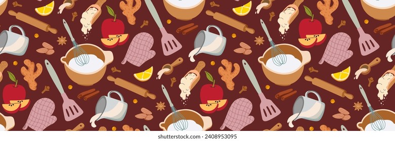 Seamless pattern with pastries, kitchen utensils. Ingredients for apple pie, flour, milk, cinnamon. Background for packaging, paper, kitchen interior, menu design and brand. Vector flat illustration.