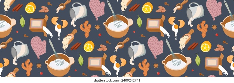 Seamless pattern with pastries, kitchen utensils. Ingredients for lemon cake, flour, milk, cinnamon. Background for packaging, paper, kitchen interior, menu design and brand. Vector flat illustration.