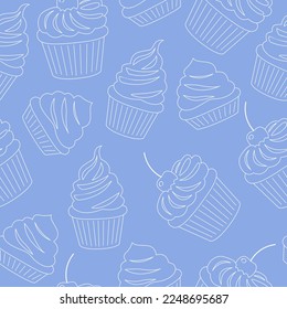 Patrón sin inconvenientes con bollería, muffins en el contorno de papel de quequitos. Pasteles de vainilla y chocolate decorados con crema batida, bayas y cerezas. Postres dulces de azúcar. Ilustración vectorial coloreada