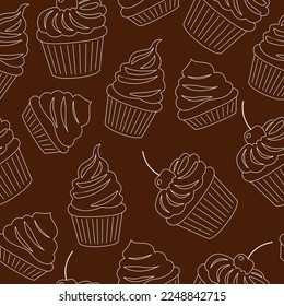 Patrón sin inconvenientes con bollería, muffins en el contorno de papel de quequitos. Pasteles de vainilla y chocolate decorados con crema batida, bayas y cerezas. Postres dulces de azúcar. Ilustración vectorial coloreada