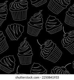 Patrón sin inconvenientes con bollería, muffins en el contorno de papel de quequitos. Pasteles de vainilla y chocolate decorados con crema batida, bayas y cerezas. Postres dulces de azúcar. Ilustración vectorial coloreada