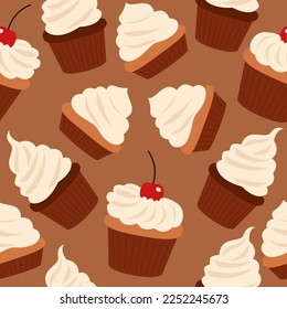 Patrón sin inconvenientes con bollería, muffins en papel de bizcocho. Pasteles de vainilla y chocolate decorados con crema batida, bayas y cerezas. Postres dulces de azúcar. Ilustración vectorial coloreada