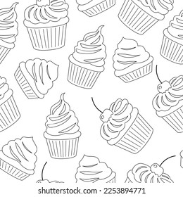 Patrón sin inconvenientes con bollería, muffins en el contorno de papel de quequitos. Pasteles de vainilla y chocolate decorados con crema batida, bayas y cerezas. Postres dulces de azúcar. Ilustración vectorial coloreada