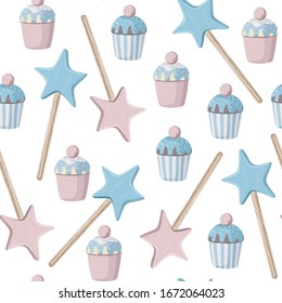 Seamless pattern with pastries, stars on a white background.  Pattern for design, textile and so on.