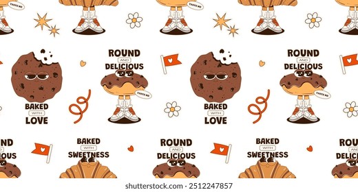 Seamless pattern with pastries and sweets in groovy style. Various doodle elements, donut, cookie, and croissant. Sweet pattern for design, textiles, and gift wrapping. Vector