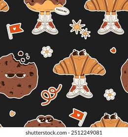 Seamless pattern with pastries and sweets in groovy style on a dark background. Characters in the form of donuts, cookies, and croissants. Various doodle elements. Sweet pattern for gift wrapping