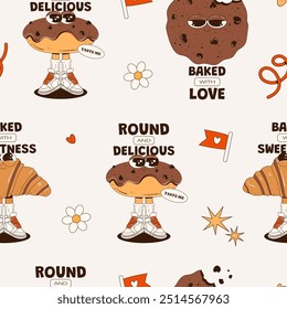 Seamless pattern with pastries and sweets in groovy style. Characters include a donut, cookie, croissant, and various doodle elements. Sweet pattern for design decoration. Bakery, menu, café. Vector