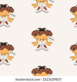 Seamless pattern with pastries and sweets in groovy style. Many donut characters with arms, legs, and eyes. Chocolate donut. A modern and vibrant pattern with sweets for design decoration. Vector