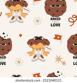 Seamless pattern with pastries and sweets in groovy style. Characters include a donut, cookie, croissant, and various doodle elements. Sweet pattern for design decoration. Bakery, menu, café. Vector