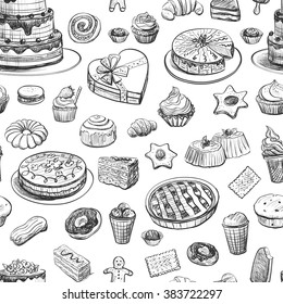 
Seamless pattern of pastries and sweets. Vector hand drawings on white background
