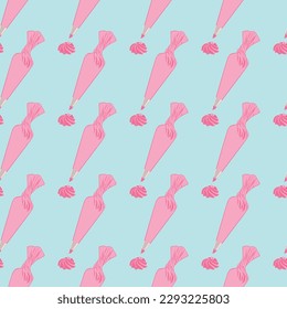 Seamless pattern with Pastry Bag icing. Baking process, frosting, decoration with pink cream. Kitchen equipment isolated on blue background. vector illustration.