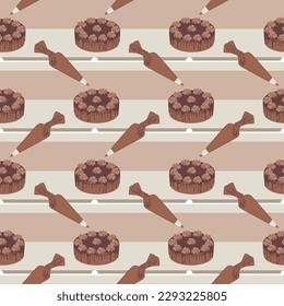 Seamless pattern with Pastry Bag icing with cream, decoration chocolate cake. Baking process conveyor. Food production factory. vector illustration.