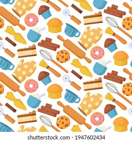 Seamless pattern with pastry and baking tools. Kitchen items and sweets collection. Design for print, packaging, wallpaper, textil. Vector illustration.
