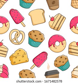 seamless pattern of pastry for breakfast with colored doodle style