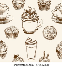 Seamless pattern with pastry, cakes and sweets. Teatime background