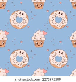 Seamless pattern with pastry characters. cute cartoon donut and cupcake on blue background. Vector Illustration for wallpaper, design, textile, packaging, decor, childrens collection.