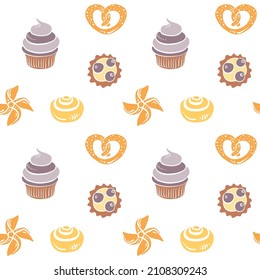 Patrón sin foco con repostería y postres. Colorida colección de papel cortado de pan y postres aislados de fondo blanco. Iconos de productos de panadería dibujados a mano con doodle. Ilustración del vector