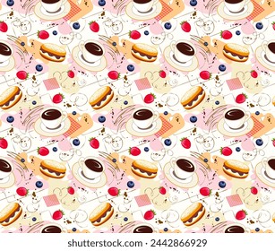 Seamless pattern of pastry and drink items. Coffee cup, donut, eclair and strawberry on white background. Design wallpaper, packaging, wrapping paper, textiles, fabric, menu, birthday party, bakery.
