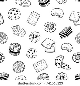 Seamless Pattern Of Pastry Food Cookie And Biscuit With Doodle Style