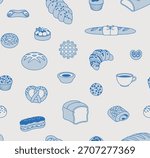 Seamless pattern of pastry. Line art, minimalist style. Vector illustration. Bakery collection.