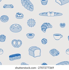 Patrón sin fisuras de la masa. Arte lineal, estilo minimalista. Ilustración vectorial. Colección de panadería.