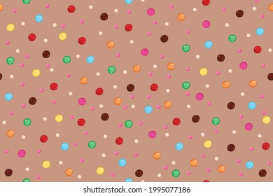 Seamless pattern with pastry sprinkles and dragees on a beige background.
