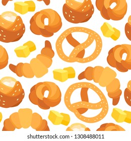 Seamless pattern with pastry. Vector illustration with buns, croissant, pretzel, cornetto that can be used for wrapping, wallpaper, textile, fabric.