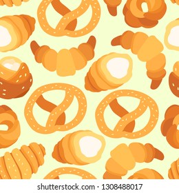 Seamless pattern with pastry. Vector illustration with buns, croissant, pretzel, cornetto that can be used for wrapping, wallpaper, textile, fabric.