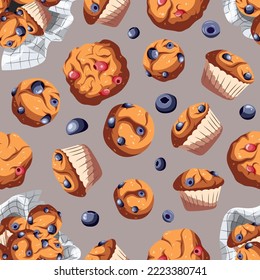 Patrón inmaculado con pastelería, productos de hornear. Ilustración vectorial de los muffins de arándano azul, galletas, bayas. Panaderías, café, tienda, impresión, textil, concepto de menú.