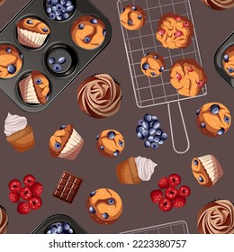 Seamless pattern with pastry,baking products. Vector illustration of blueberry muffins,cookies,berries,utensils. Bakeries,cafe,shop,print,textile,menu concept.