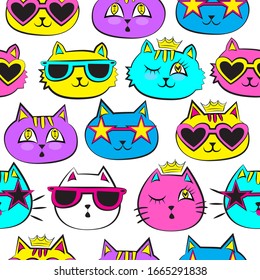 Seamless pattern with patch badges with cats, Pop art comic background for textile. fashion Modern bright cute background for girls . 