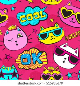 Seamless pattern with patch badges with cats, Pop art comic speech bubbles, stars, for textile. fashion Modern bright grunge background for girls . 