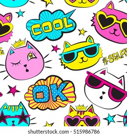 Seamless pattern with patch badges with cats, Pop art comic speech bubbles, stars, for textile. fashion Modern bright grunge background for girls . 