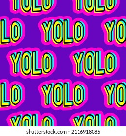 Seamless pattern with patch badges with colorful slang words, abbreviations "YOLO" - you only live once - isolated on purple background. Quirky cartoon retro comic style. Vector wallpaper.