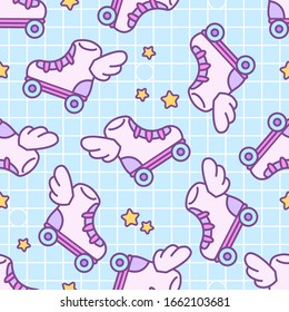 Seamless pattern with patch badges with roller skates with wings and stars.Vector background with stickers, pins, patches in cartoon doodle 80s-90s comic style in pastel colors