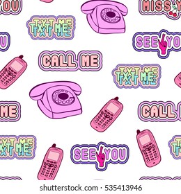 Seamless pattern with patch badges, stickers with retro telephones and cell phones, texts, phrases: "Call me", "txt me", "miss you", "see you" in comic style of 80s-90s. Isolated on white background.