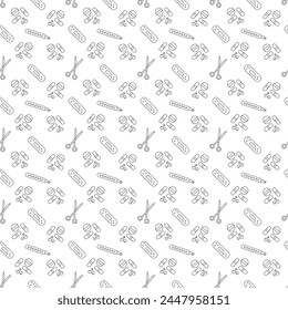 Seamless pattern with patch, thermometer, pills and scissors. Black, white vector illustration. 