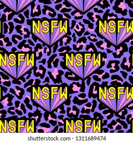 Seamless pattern with patches, badges with words "NSFW". Modern trendy illustration. Quirky funny cartoon comic style of 80-90s. Colorful pink and purple leopard background. 