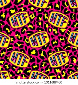 Seamless pattern with patches, badges with words "WTF". Modern trendy illustration. Quirky funny cartoon comic style of 80-90s. Colorful bright red and yellow leopard background. 