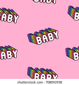 Seamless pattern with patches, badges with words "Baby". Modern trendy illustration. Quirky funny cartoon comic style of 80-90s. Pink background.