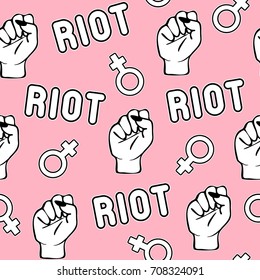 Seamless pattern with patches, badges with words "Riot", angry fists, Venus symbols. Modern feminism, equality, women's rights theme illustration. Quirky comic style of 80-90s. 
